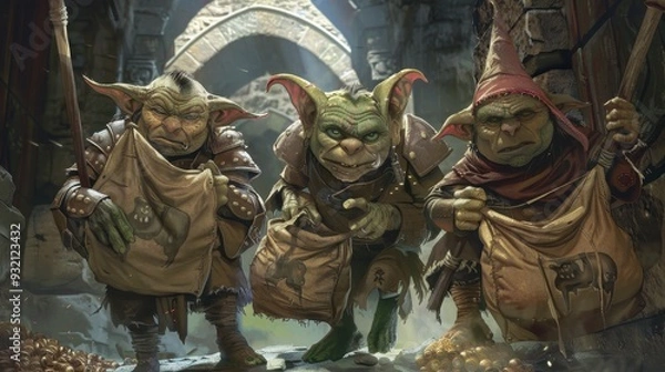 Fototapeta Three goblins stealthily gather treasure in an ancient vault as shadows deepen around them