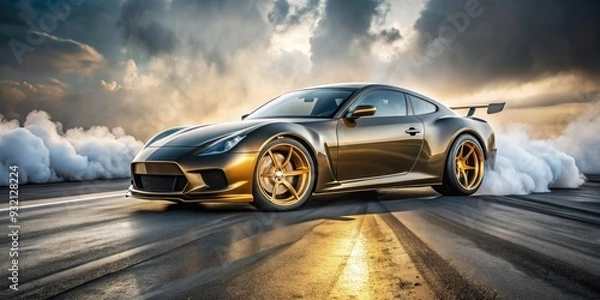 Fototapeta High-performance racing car with sleek gold wheels stationary on a grey cement road, emitting smoke from its brake system, conveying a sense of car trouble.