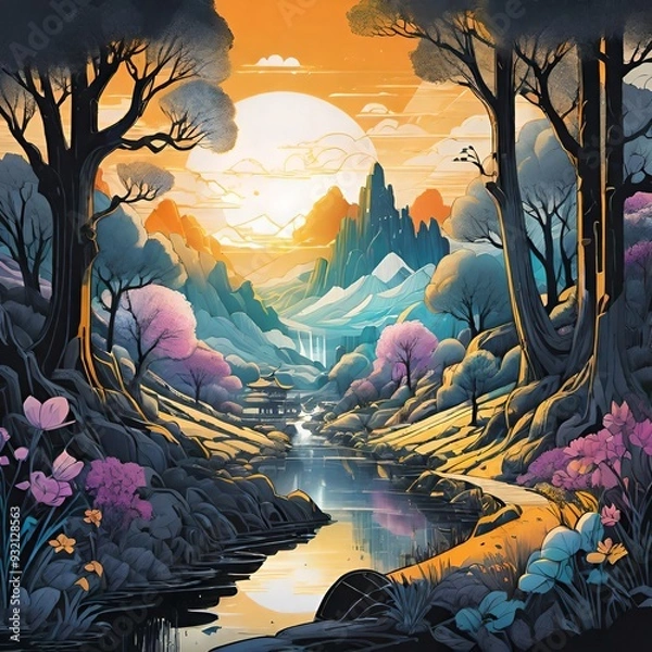 Fototapeta Serene Mountain Stream Amidst Blossoming Sakura Trees with Vibrant Colors and Tranquil Atmosphere in Springtime