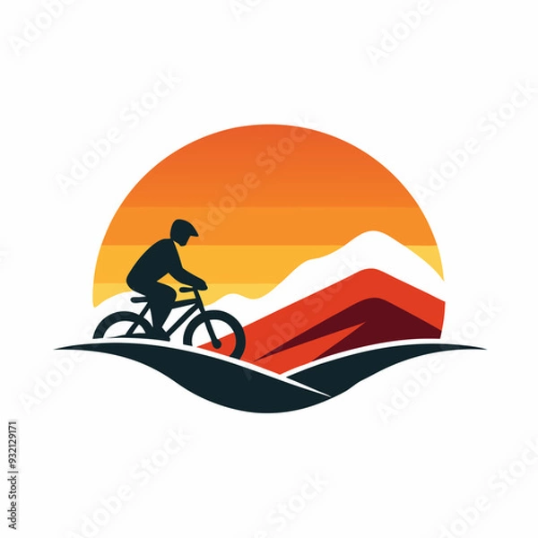 Fototapeta Minimalist Vector Design Lone Biker on Mountain Trail at Sunset Art vector illustration