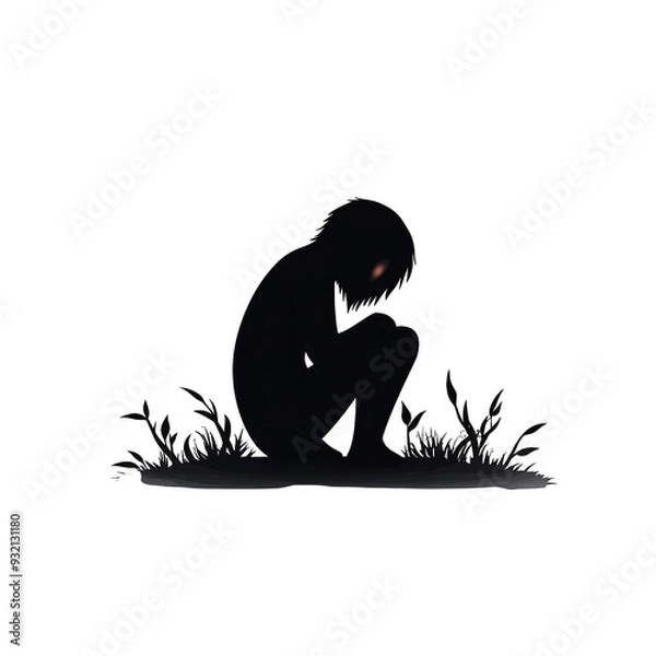 Fototapeta A solitary figure sitting in shadow, evoking feelings of introspection and melancholy in a serene natural setting. transparent background