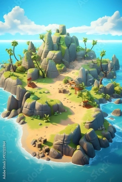 Fototapeta Tropical Island Paradise: Beach, Ocean, and Palm Trees