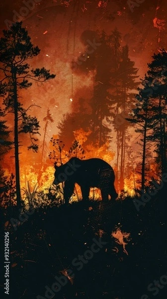 Fototapeta A bear stands silhouetted against the fiery backdrop of a forest engulfed in flames
