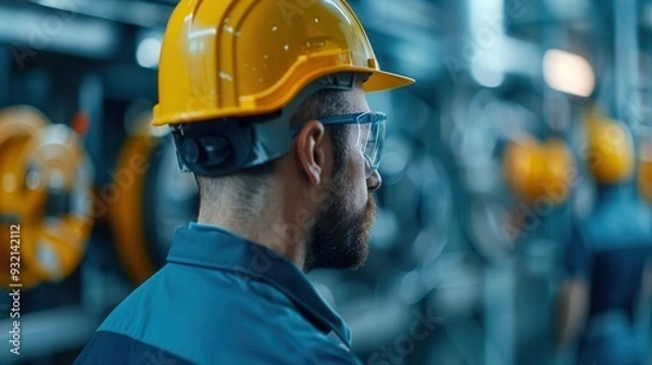Fototapeta A worker with a safety helmet and goggles in an industrial setting.