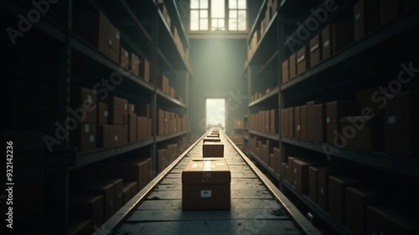 Fototapeta Warehouse aisle with neatly stacked cardboard boxes on shelves. Bright lighting illuminates the organized storage space. Perfect for logistics, warehousing, and inventory management. 
