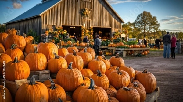Fototapeta Rustic farm with pumpkins and fall decorations during golden hour