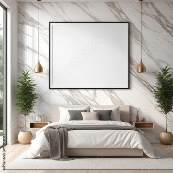 Fototapeta white poster frame close up in modern house interior with light colored marble textured wall, wall mockup, 3d rendering