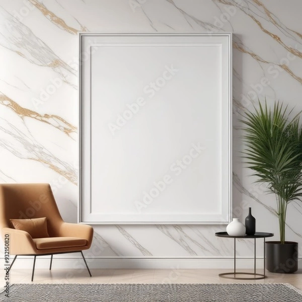 Fototapeta white poster frame close up in modern house interior with light colored marble textured wall, wall mockup, 3d rendering