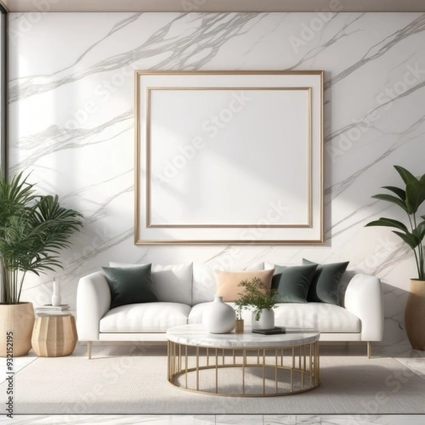 Obraz white poster frame close up in modern house interior with light colored marble textured wall, wall mockup, 3d rendering