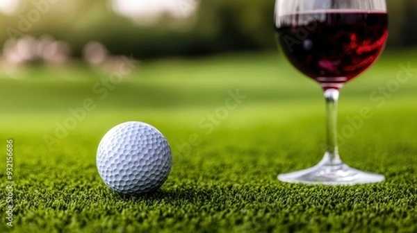 Obraz A serene scene featuring a golf ball and a glass of red wine on a lush green golf course, perfect for relaxation.