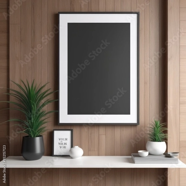 Fototapeta white poster frame close up in modern home interior with light dark colored wood texture walls, wall mockup, 3d rendering