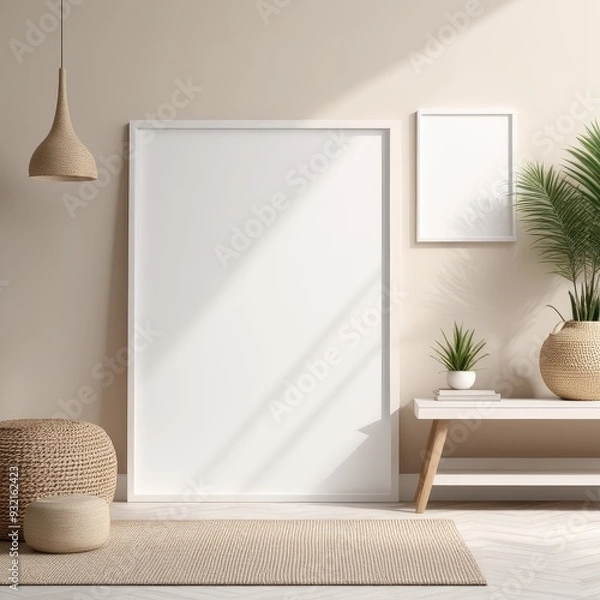 Fototapeta white poster frame close up in modern home interior with light beige colored texture walls, wall mockup, 3d rendering