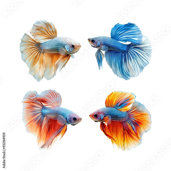 Fototapeta A vibrant set of colorful fish and tropical birds in a playful, cartoon-style ocean scene