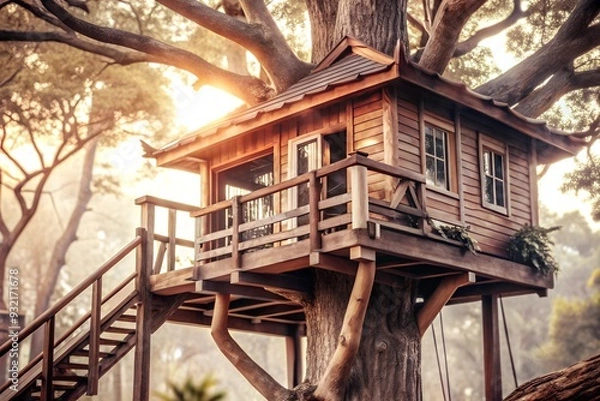 Fototapeta A beautifully lit treehouse with a wooden staircase, bathed in golden sunlight, capturing the essence of a peaceful retreat in a natural setting.