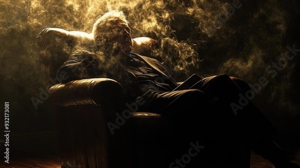 Fototapeta Elegant Smoking Gentlemen: A Distinctive Poster Perfect for Sports Interiors, Capturing Dramatic Light and Shadow in a Cozy Leather Armchair Setting