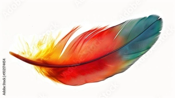 Fototapeta Multi-colored parrot feather on a white background, isolate
