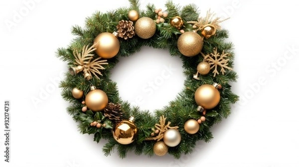 Fototapeta This Christmas wreath features elegant golden decorations, perfect for adding a festive touch to your holiday decor