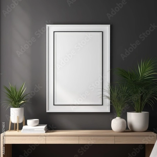Fototapeta white color poster frame close up view in modern house interior with dark colored walls, wall mockup, 3d rendering