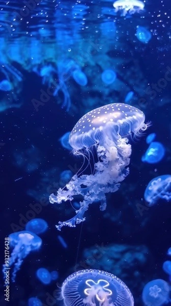 Fototapeta A vibrant deep water jellyfish gracefully swims in the blue ocean, surrounded by other jellyfish drifting nearby