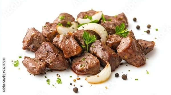 Fototapeta Appetizing pieces of fried meat with onions on a white background, isolated