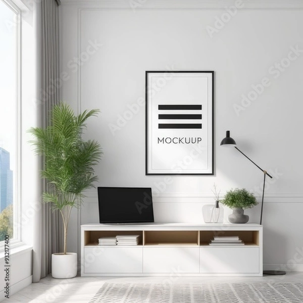 Fototapeta close up of mockup poster frame with modern minimalist interior background in bright white color, 3d rendering