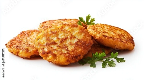 Obraz Appetizing fried potato pancakes on a white background, isolated