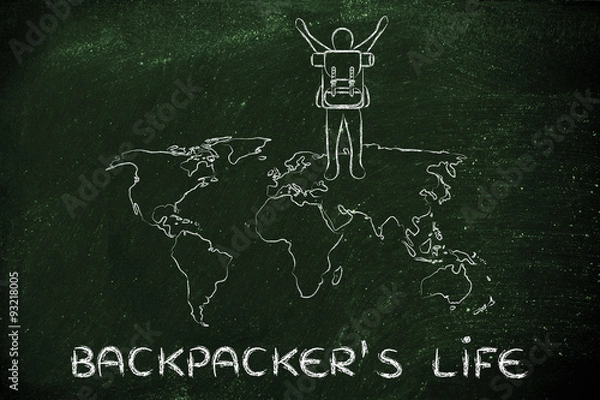 Fototapeta backpacker over world map, rejoicing about his lifestyle