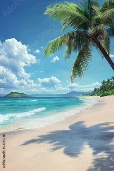 Fototapeta beautiful beach with a palm tree under beautiful blue sky in the luxury resort. There is a beautiful island by the horizon