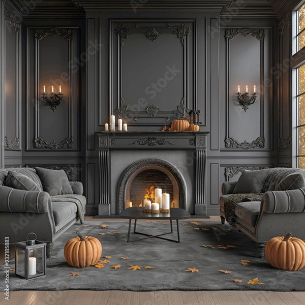 Obraz Aesthetic room interior design with Halloween elements. Wall with decoration in the apartment. Holiday pumpkins in the room.