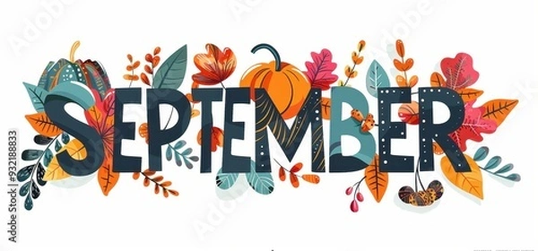 Obraz The word is "SEPTEMBER" the letters are filled with autumnal patterns of leaves and pumpkins Generative AI