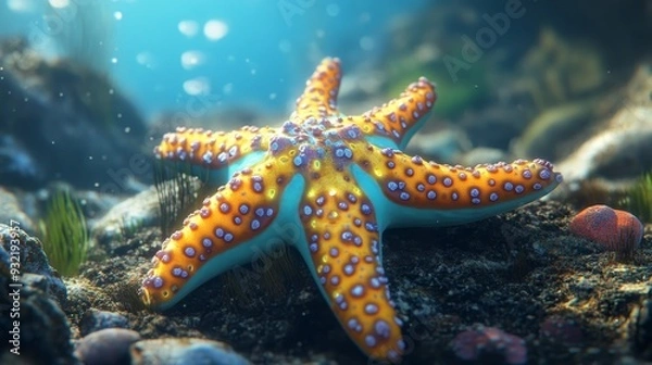 Fototapeta Vibrant Starfish on Ocean Floor - A colorful starfish with yellow and orange markings on a blue and white body rests on the ocean floor. The image captures the beauty of marine life,  the ocean's dept