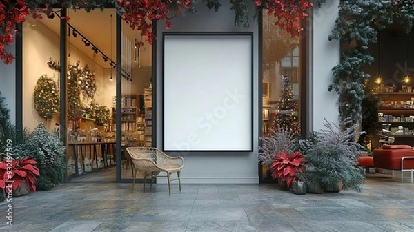 Fototapeta Mockup, Blank Poster Frame, sitting in front of a Christmas Shop, Christmas Decoration around it	