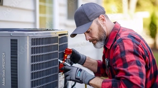 Fototapeta A skilled HVAC technician working on a residential air conditioning unit, focused expression, light solid color background