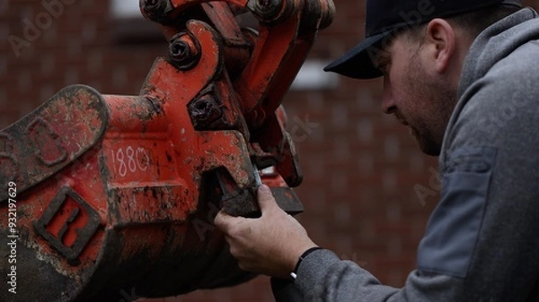 Fototapeta Construction worker attaches bucket to backhoe excavtor bucket