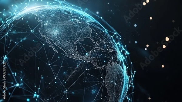 Fototapeta Digital globe illuminated by interconnected data points against a dark background, representing global networks and technology