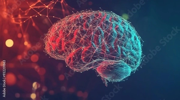 Fototapeta Digital representation of a brain surrounded by glowing connections in a darkened environment