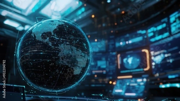 Fototapeta A close-up, angled view of a futuristic globe, partially illuminated with intricate digital network lines wrapping around its surface