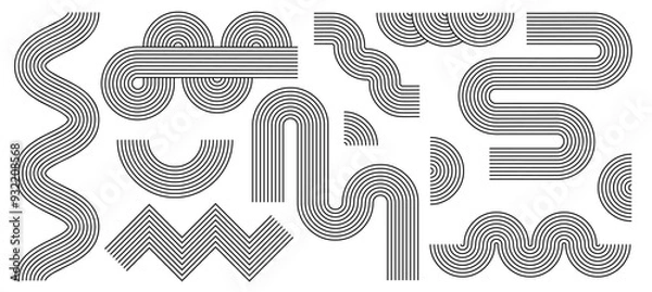 Fototapeta Zen arch set, simple line arch and shapes. Geometric Japanese zen pattern minimal elements. Boho style strips.