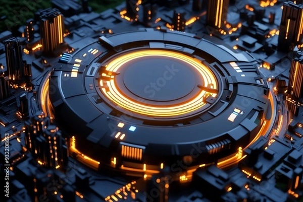 Fototapeta A futuristic design featuring glowing circular patterns and sleek structures, ideal for technology and digital themes.