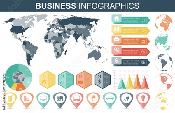 Obraz Infographic Elements with world map and charts. Vector illustration