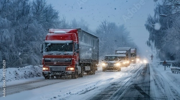 Fototapeta Trucks navigate a snowy highway as heavy snowfall impacts visibility and travel conditions