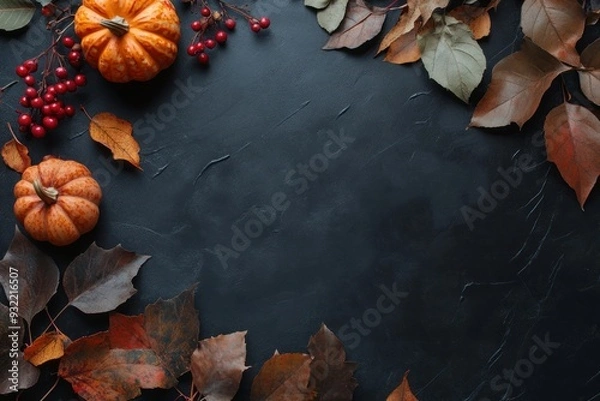 Obraz Fall Leaves, Pumpkins, and Red Berries on a Dark Background