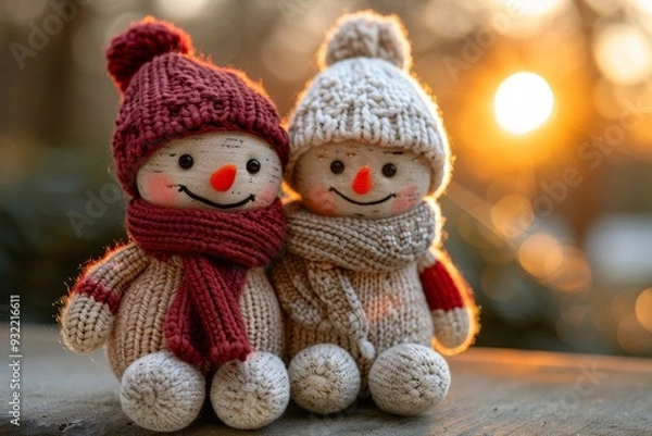 Fototapeta Two adorable knitted snowmen wear colorful hats and scarves, smiling as a warm sunset glows behind them, creating a joyful winter atmosphere.