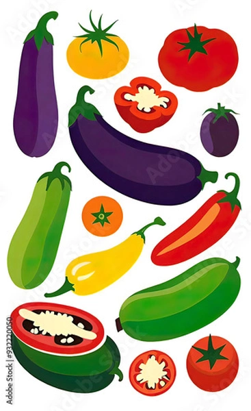 Fototapeta full color silkscreen printing, perfect silhouettes of eggplants, zucchini, tomatoes, peppers, cucumbers on a white background, background for advertising vegetables and fruits