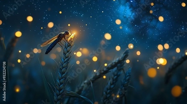 Fototapeta A lone dragonfly perches on a stalk of wheat illuminated by fireflies in a field at night.