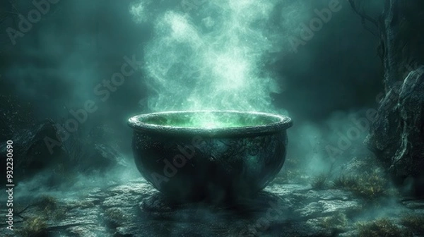 Fototapeta magical cauldron emitting eerie green glow wisps of fog curling around base mysterious forest backdrop moonlit scene