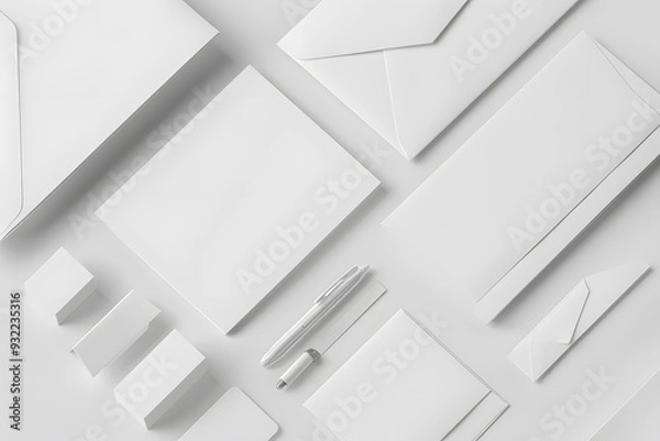 Fototapeta a mock-up for a business card, letterhead, and envelope, arranged in a simple composition on a white surface, perfect for presenting corporate identity designs