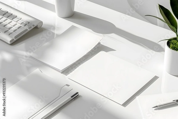 Fototapeta a mock-up for a business card, letterhead, and envelope, arranged in a simple composition on a white surface, perfect for presenting corporate identity designs