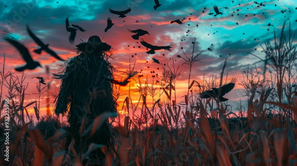 Obraz An eerie scarecrow in a cornfield during twilight, with crows flying around, and a sense of suspense in the air as the wind blows, moving the dry leaves.