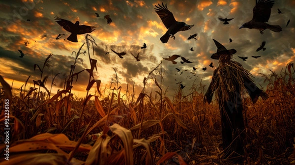 Obraz An eerie scarecrow in a cornfield during twilight, with crows flying around, and a sense of suspense in the air as the wind blows, moving the dry leaves.